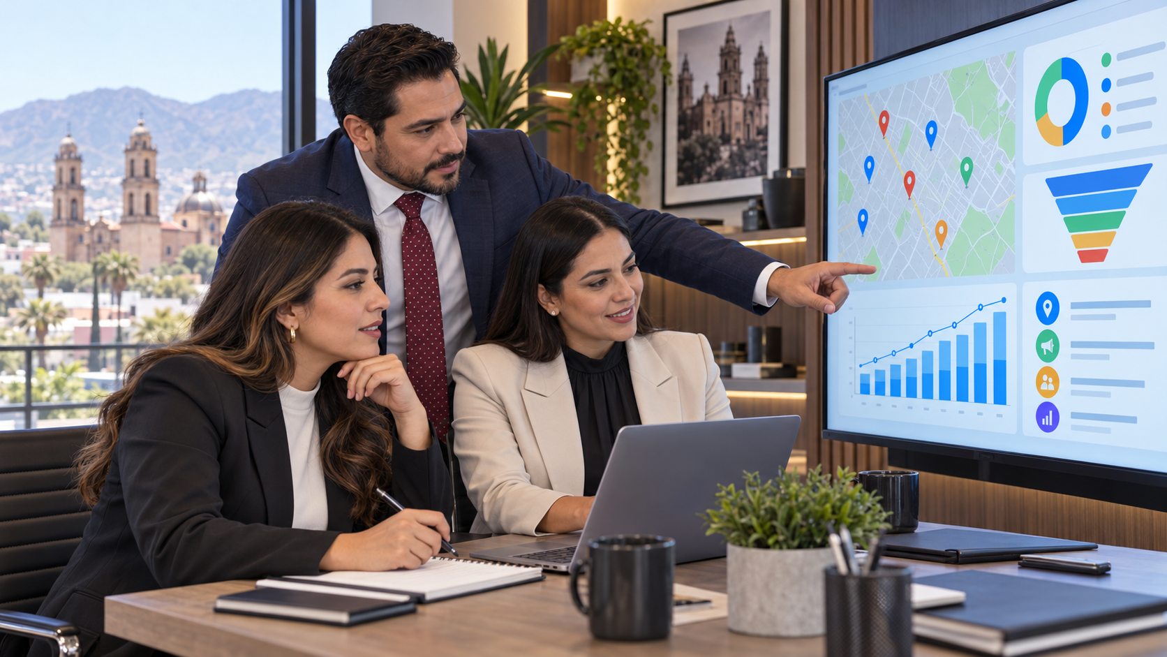 Empresarios y empresarias utilizando automatización, posicionamiento y campañas inteligentes